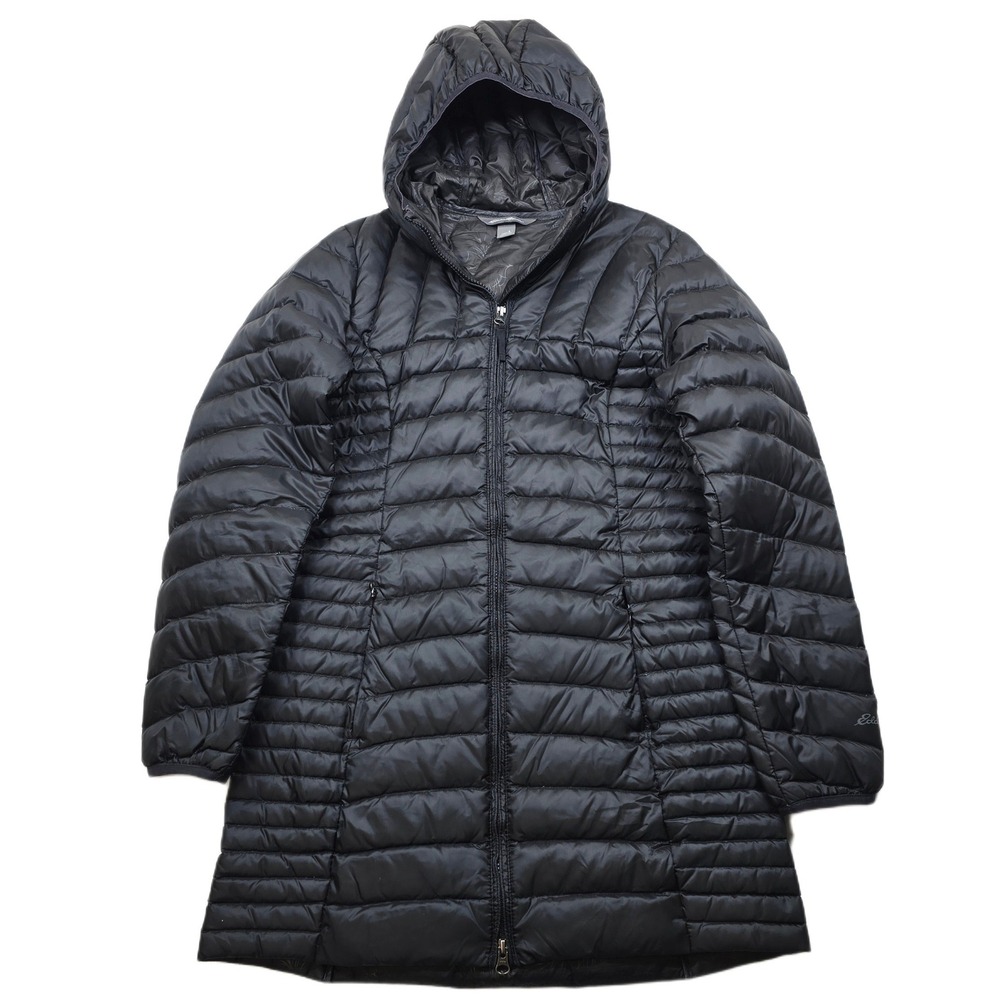 Eddie Bauer Down Puffer Coat Womens‎ Small Black Hooded Long Zip